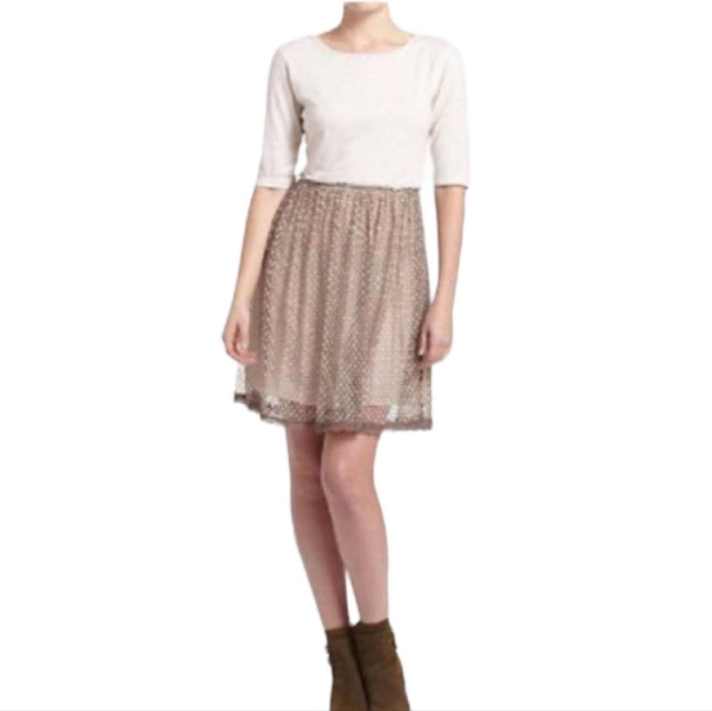 ANTHROPOLOGIE LILI'S CLOSET LACE OVERLAY DRESS, BEIGE/BROWN M - Picture 1 of 12